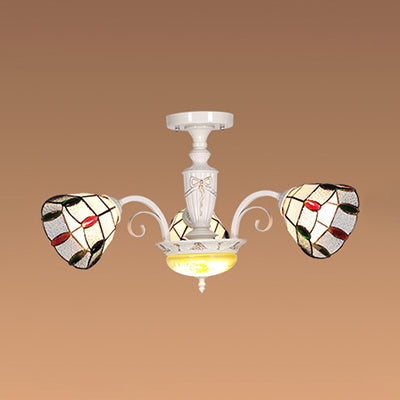 3 Lights Dome Chandelier with Bead Decoration Stained Glass Ceiling Light in White for Dining Room Clearhalo 'Ceiling Lights' 'Close To Ceiling Lights' 'Close to ceiling' 'Glass shade' 'Glass' 'Semi-flushmount' 'Tiffany close to ceiling' 'Tiffany' Lighting' 94834
