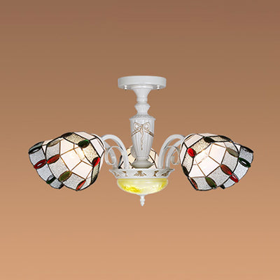 White Semi Globe Ceiling Chandelier with Colorful Bead 5 Lights Traditional Pendant Light for Bedroom Clearhalo 'Ceiling Lights' 'Close To Ceiling Lights' 'Close to ceiling' 'Glass shade' 'Glass' 'Semi-flushmount' 'Tiffany close to ceiling' 'Tiffany' Lighting' 94838