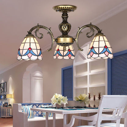 Magnolia Ceiling Chandelier Stained Glass 3 Lights Vintage Tiffany Indoor Lighting for Bedroom White Clearhalo 'Ceiling Lights' 'Chandeliers' 'Close To Ceiling Lights' 'Close to ceiling' 'Glass shade' 'Glass' 'Semi-flushmount' 'Tiffany close to ceiling' 'Tiffany' Lighting' 94844