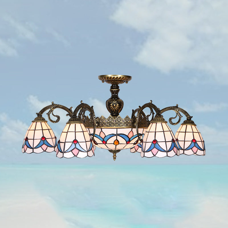 Brass Finish Magnolia Ceiling Chandelier Stained Glass Multi Light Tiffany Indoor Lighting Clearhalo 'Ceiling Lights' 'Chandeliers' 'Close To Ceiling Lights' 'Close to ceiling' 'Glass shade' 'Glass' 'Semi-flushmount' 'Tiffany close to ceiling' 'Tiffany' Lighting' 94847