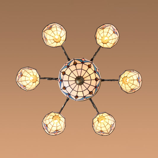 Brass Finish Magnolia Ceiling Chandelier Stained Glass Multi Light Tiffany Indoor Lighting Clearhalo 'Ceiling Lights' 'Chandeliers' 'Close To Ceiling Lights' 'Close to ceiling' 'Glass shade' 'Glass' 'Semi-flushmount' 'Tiffany close to ceiling' 'Tiffany' Lighting' 94848