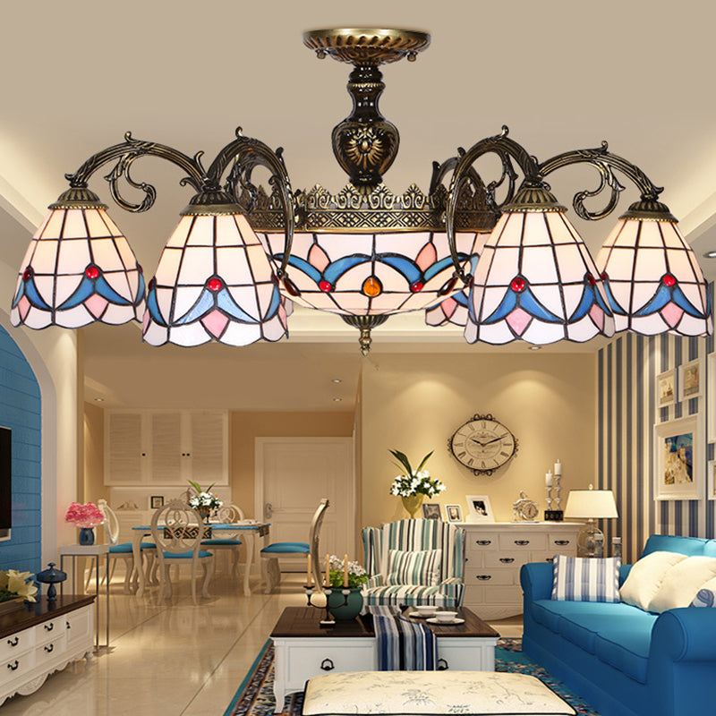 Brass Finish Magnolia Ceiling Chandelier Stained Glass Multi Light Tiffany Indoor Lighting White Clearhalo 'Ceiling Lights' 'Chandeliers' 'Close To Ceiling Lights' 'Close to ceiling' 'Glass shade' 'Glass' 'Semi-flushmount' 'Tiffany close to ceiling' 'Tiffany' Lighting' 94849