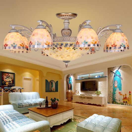 Bowl Hanging Chandelier with Shelly Shade Vintage Multi Light Ceiling Lamp for Living Room Beige Clearhalo 'Ceiling Lights' 'Chandeliers' 'Close To Ceiling Lights' 'Close to ceiling' 'Glass shade' 'Glass' 'Island Lights' 'Semi-flushmount' 'Tiffany close to ceiling' 'Tiffany' Lighting' 94883