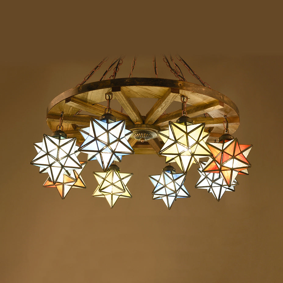 Brass Wheel Pendant Light with Stained Glass Star Shade Rustic Chandelier Lighting for Foyer Clearhalo 'Ceiling Lights' 'Chandeliers' 'Industrial' 'Middle Century Chandeliers' 'Tiffany Chandeliers' 'Tiffany close to ceiling' 'Tiffany' Lighting' 94922