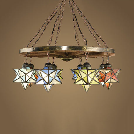 Brass Wheel Pendant Light with Stained Glass Star Shade Rustic Chandelier Lighting for Foyer Clearhalo 'Ceiling Lights' 'Chandeliers' 'Industrial' 'Middle Century Chandeliers' 'Tiffany Chandeliers' 'Tiffany close to ceiling' 'Tiffany' Lighting' 94923