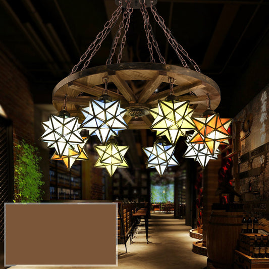 Brass Wheel Pendant Light with Stained Glass Star Shade Rustic Chandelier Lighting for Foyer Antique Bronze Clearhalo 'Ceiling Lights' 'Chandeliers' 'Industrial' 'Middle Century Chandeliers' 'Tiffany Chandeliers' 'Tiffany close to ceiling' 'Tiffany' Lighting' 94924