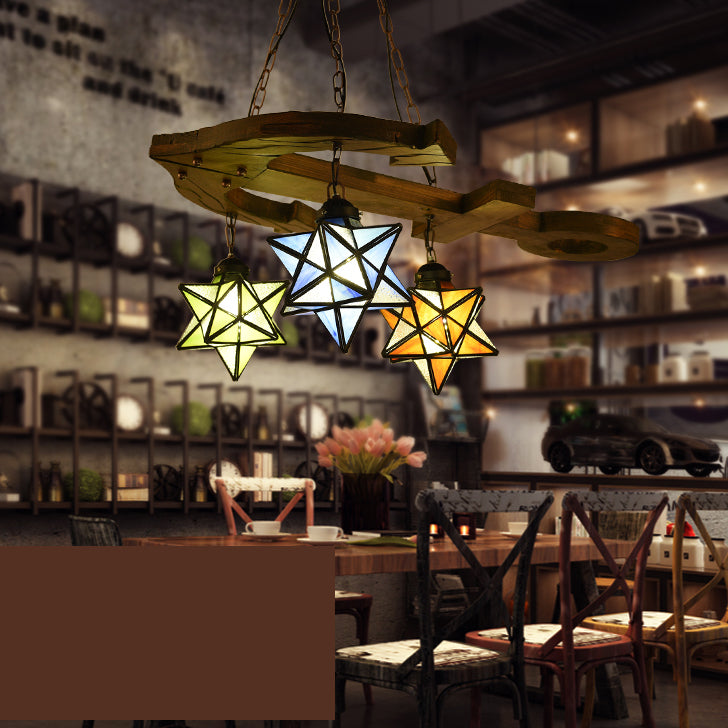 3 Lights Star Hanging Lamp with Anchor and Metal Chain Adjustable Rustic Glass Chandelier in Black Black Clearhalo 'Ceiling Lights' 'Chandeliers' 'Industrial' 'Island Lights' 'Middle Century Chandeliers' 'Tiffany Chandeliers' 'Tiffany close to ceiling' 'Tiffany' Lighting' 94935