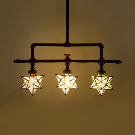 Star Island Chandelier Tiffany Rustic 3 Lights Stained Glass Pendant Light in Black Finish for Bar Black Clearhalo 'Ceiling Lights' 'Chandeliers' 'Glass shade' 'Glass' 'Island Lights' 'Pendant Lights' 'Tiffany close to ceiling' 'Tiffany' Lighting' 94938