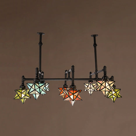 8 Lights Star Pendant Lighting with Star Shape and Hanging Rod Stained Glass Rustic Dining Room Chandelier Black Clearhalo 'Ceiling Lights' 'Chandeliers' 'Glass shade' 'Glass' 'Island Lights' 'Pendant Lights' 'Tiffany close to ceiling' 'Tiffany' Lighting' 94941