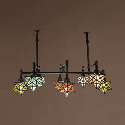 8 Lights Star Pendant Lighting with Star Shape and Hanging Rod Stained Glass Rustic Dining Room Chandelier Black Clearhalo 'Ceiling Lights' 'Chandeliers' 'Glass shade' 'Glass' 'Island Lights' 'Pendant Lights' 'Tiffany close to ceiling' 'Tiffany' Lighting' 94941