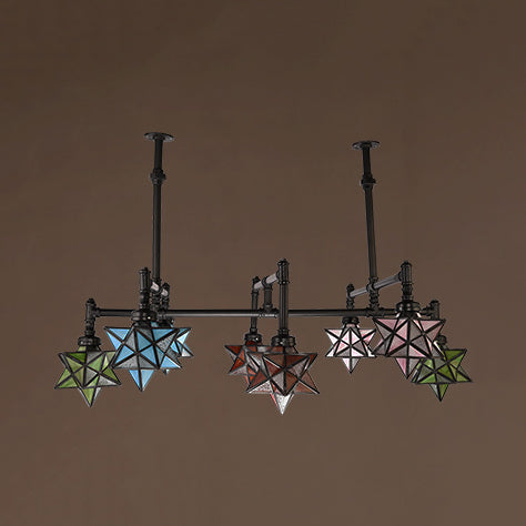 8 Lights Star Pendant Lighting with Star Shape and Hanging Rod Stained Glass Rustic Dining Room Chandelier Clearhalo 'Ceiling Lights' 'Chandeliers' 'Glass shade' 'Glass' 'Island Lights' 'Pendant Lights' 'Tiffany close to ceiling' 'Tiffany' Lighting' 94942