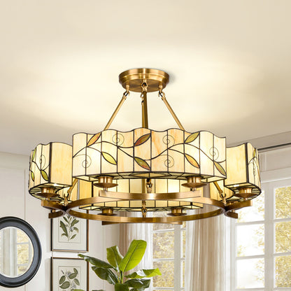 White Glass Leaf Ceiling Light Rustic Vintage 8 Lights Hanging Chandelier for Living Room White Clearhalo 'Ceiling Lights' 'Close To Ceiling Lights' 'Close to ceiling' 'Glass shade' 'Glass' 'Semi-flushmount' 'Tiffany close to ceiling' 'Tiffany' Lighting' 94958