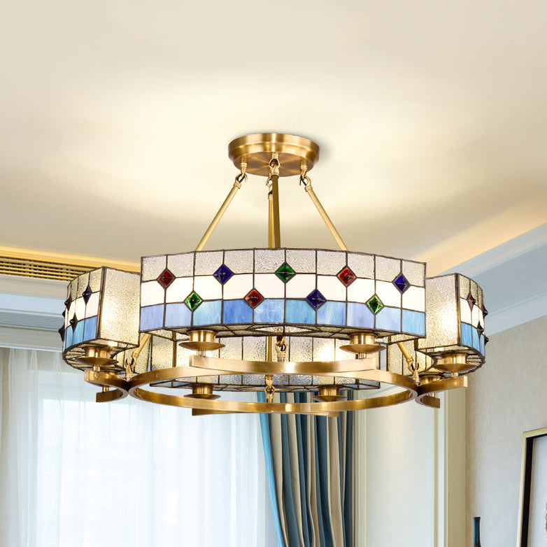 Mediterranean Round Indoor Lighting Blue Glass Shade 8 Lights Chandelier Lighting in Brass Blue Clearhalo 'Ceiling Lights' 'Chandeliers' 'Close To Ceiling Lights' 'Close to ceiling' 'Glass shade' 'Glass' 'Semi-flushmount' 'Tiffany close to ceiling' 'Tiffany' Lighting' 94961