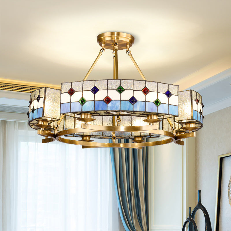 Mediterranean Round Indoor Lighting Blue Glass Shade 8 Lights Chandelier Lighting in Brass Clearhalo 'Ceiling Lights' 'Chandeliers' 'Close To Ceiling Lights' 'Close to ceiling' 'Glass shade' 'Glass' 'Semi-flushmount' 'Tiffany close to ceiling' 'Tiffany' Lighting' 94962