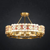 Flower Chandelier Lighting 8 Lights Stained Glass Rustic Vintage Ceiling Pendant in Brass Beige Clearhalo 'Ceiling Lights' 'Chandeliers' 'Close To Ceiling Lights' 'Close to ceiling' 'Glass shade' 'Glass' 'Island Lights' 'Semi-flushmount' 'Tiffany close to ceiling' 'Tiffany' Lighting' 94964