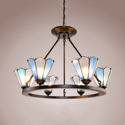Conical Pendant Lighting with Ring Stained Glass 6 Lights Traditional Chandelier Lamp in Blue Blue Clearhalo 'Ceiling Lights' 'Chandeliers' 'Industrial' 'Middle Century Chandeliers' 'Tiffany Chandeliers' 'Tiffany close to ceiling' 'Tiffany' Lighting' 94970