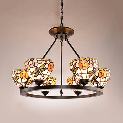 Dragonfly Suspension Light with Bowl Shade Stained Glass 6 Lights Indoor Chandelier Light for Foyer Black Clearhalo 'Ceiling Lights' 'Chandeliers' 'Industrial' 'Middle Century Chandeliers' 'Tiffany Chandeliers' 'Tiffany close to ceiling' 'Tiffany' Lighting' 94983
