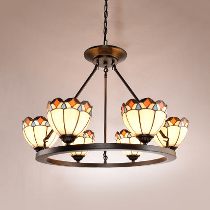 Tiffany Bowl Ceiling Pendant with Scalloped Edge 6 Lights Stained Glass Chandelier Light for Bedroom White Clearhalo 'Ceiling Lights' 'Chandeliers' 'Industrial' 'Middle Century Chandeliers' 'Tiffany Chandeliers' 'Tiffany close to ceiling' 'Tiffany' Lighting' 94991