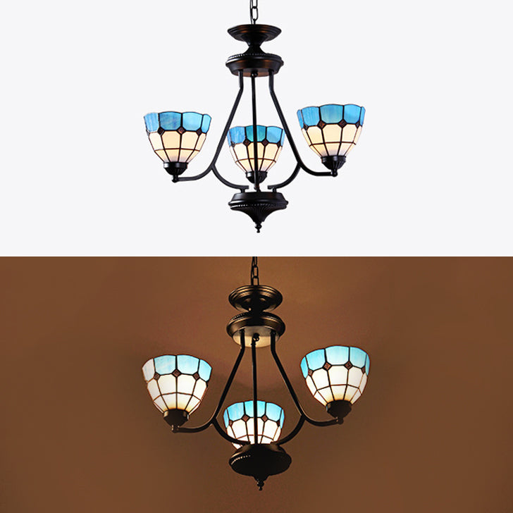 3 Lights Bowl Hanging Light with Metal Chain Adjustable Blue Glass Baroque Chandelier Clearhalo 'Ceiling Lights' 'Chandeliers' 'Close To Ceiling Lights' 'Industrial' 'Middle Century Chandeliers' 'Tiffany Chandeliers' 'Tiffany close to ceiling' 'Tiffany' Lighting' 95099