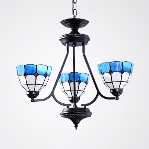 3 Lights Bowl Hanging Light with Metal Chain Adjustable Blue Glass Baroque Chandelier Clearhalo 'Ceiling Lights' 'Chandeliers' 'Close To Ceiling Lights' 'Industrial' 'Middle Century Chandeliers' 'Tiffany Chandeliers' 'Tiffany close to ceiling' 'Tiffany' Lighting' 95100