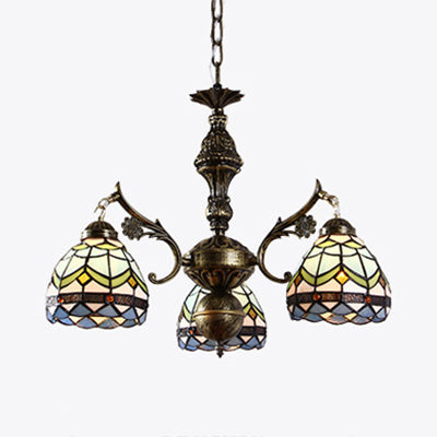 3 Lights Semi Globe Chandelier with Hanging Chain Stained Glass Baroque Ceiling Pendant in Blue Clearhalo 'Ceiling Lights' 'Chandeliers' 'Industrial' 'Middle Century Chandeliers' 'Tiffany Chandeliers' 'Tiffany close to ceiling' 'Tiffany' Lighting' 95113