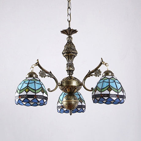 3 Lights Semi Globe Chandelier with Hanging Chain Stained Glass Baroque Ceiling Pendant in Blue Clearhalo 'Ceiling Lights' 'Chandeliers' 'Industrial' 'Middle Century Chandeliers' 'Tiffany Chandeliers' 'Tiffany close to ceiling' 'Tiffany' Lighting' 95114