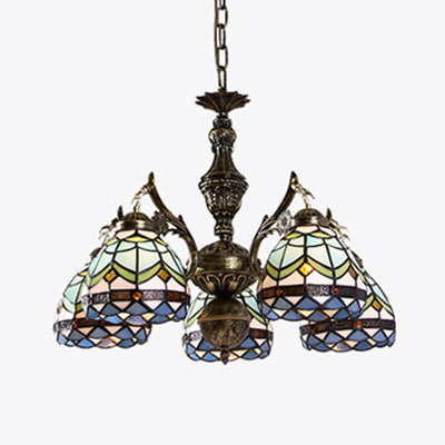 Baroque Dome Suspended Light 5 Lights Stained Glass Chandelier Lamp in Blue for Living Room Clearhalo 'Ceiling Lights' 'Chandeliers' 'Industrial' 'Middle Century Chandeliers' 'Tiffany Chandeliers' 'Tiffany close to ceiling' 'Tiffany' Lighting' 95117