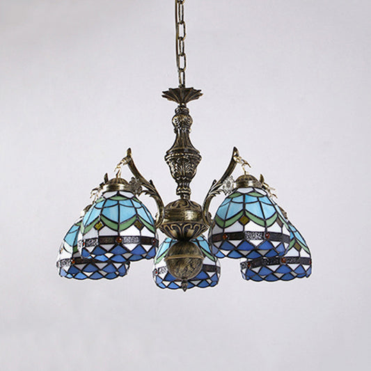 Baroque Dome Suspended Light 5 Lights Stained Glass Chandelier Lamp in Blue for Living Room Clearhalo 'Ceiling Lights' 'Chandeliers' 'Industrial' 'Middle Century Chandeliers' 'Tiffany Chandeliers' 'Tiffany close to ceiling' 'Tiffany' Lighting' 95118