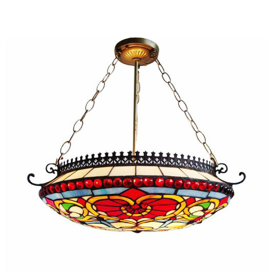 Victorian Bowl Chandelier Light Stained Glass Hanging Ceiling Light in Red for Living Room Clearhalo 'Ceiling Lights' 'Close To Ceiling Lights' 'Close to ceiling' 'Glass shade' 'Glass' 'Island Lights' 'Pendant Lights' 'Semi-flushmount' 'Tiffany close to ceiling' 'Tiffany' Lighting' 95166
