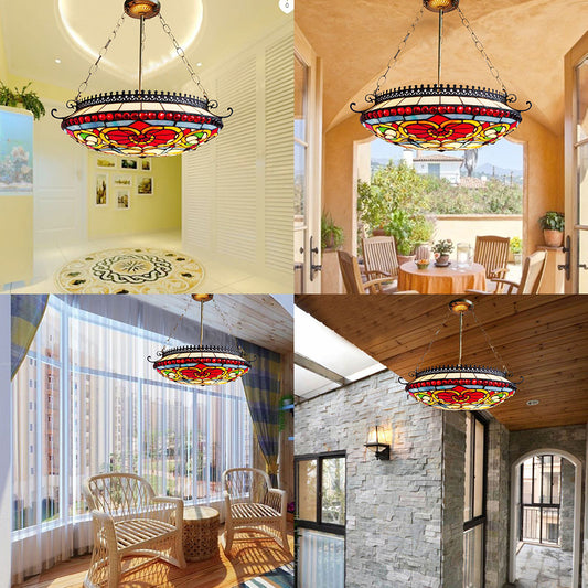Victorian Bowl Chandelier Light Stained Glass Hanging Ceiling Light in Red for Living Room Clearhalo 'Ceiling Lights' 'Close To Ceiling Lights' 'Close to ceiling' 'Glass shade' 'Glass' 'Island Lights' 'Pendant Lights' 'Semi-flushmount' 'Tiffany close to ceiling' 'Tiffany' Lighting' 95168