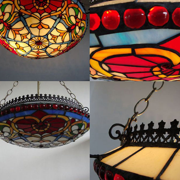 Victorian Bowl Chandelier Light Stained Glass Hanging Ceiling Light in Red for Living Room Clearhalo 'Ceiling Lights' 'Close To Ceiling Lights' 'Close to ceiling' 'Glass shade' 'Glass' 'Island Lights' 'Pendant Lights' 'Semi-flushmount' 'Tiffany close to ceiling' 'Tiffany' Lighting' 95169