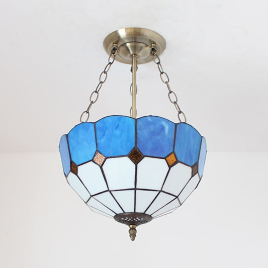 Mediterranean Bowl Ceiling Light Blue Glass Indoor Chandelier Light with 12 Inch Width for Foyer Clearhalo 'Ceiling Lights' 'Close To Ceiling Lights' 'Close to ceiling' 'Glass shade' 'Glass' 'Semi-flushmount' 'Tiffany close to ceiling' 'Tiffany' Lighting' 95205