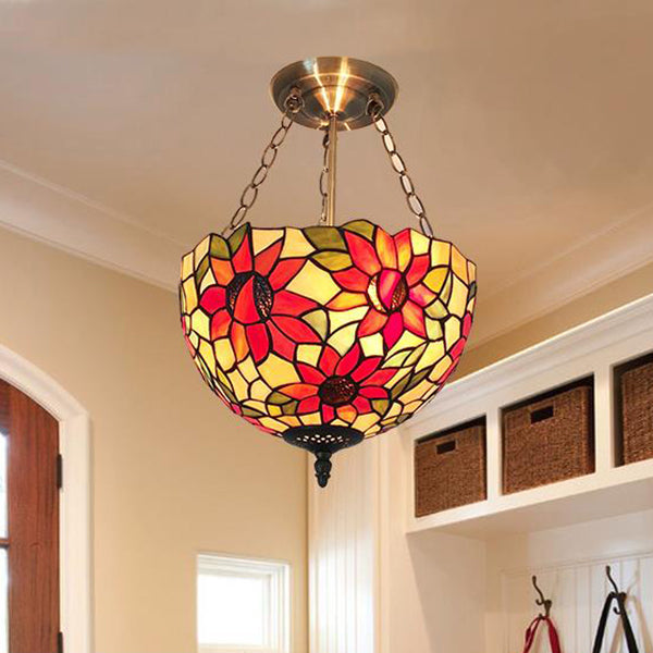 Rustic Sunflower Hanging Lamp Stained Glass Chandelier Lighting in Orange for Corridor Orange Clearhalo 'Ceiling Lights' 'Close To Ceiling Lights' 'Close to ceiling' 'Glass shade' 'Glass' 'Semi-flushmount' 'Tiffany close to ceiling' 'Tiffany' Lighting' 95214