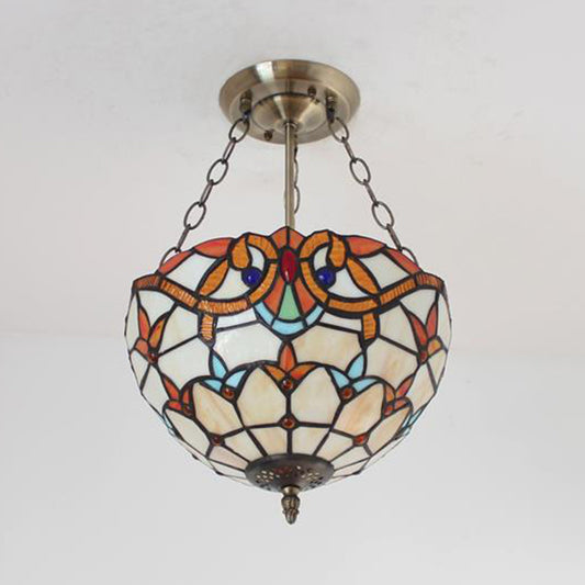 Stained Glass Bowl Chandelier Victorian Style Ceiling Lighting Fixture in Beige for Foyer Clearhalo 'Ceiling Lights' 'Close To Ceiling Lights' 'Close to ceiling' 'Glass shade' 'Glass' 'Semi-flushmount' 'Tiffany close to ceiling' 'Tiffany' Lighting' 95222
