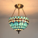 Baroque Bowl Ceiling Light Fixture Stained Glass Indoor Chandelier Lighting in Blue for Restaurant Blue Clearhalo 'Ceiling Lights' 'Chandeliers' 'Close To Ceiling Lights' 'Close to ceiling' 'Glass shade' 'Glass' 'Semi-flushmount' 'Tiffany close to ceiling' 'Tiffany' Lighting' 95229