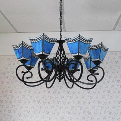 Nautical Trapezoid Hanging Light with Blue Glass Shade 8 Lights Living Room Lighting Clearhalo 'Ceiling Lights' 'Chandeliers' 'Industrial' 'Middle Century Chandeliers' 'Tiffany Chandeliers' 'Tiffany close to ceiling' 'Tiffany' Lighting' 95252
