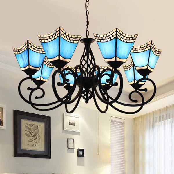 Nautical Trapezoid Hanging Light with Blue Glass Shade 8 Lights Living Room Lighting Clearhalo 'Ceiling Lights' 'Chandeliers' 'Industrial' 'Middle Century Chandeliers' 'Tiffany Chandeliers' 'Tiffany close to ceiling' 'Tiffany' Lighting' 95253