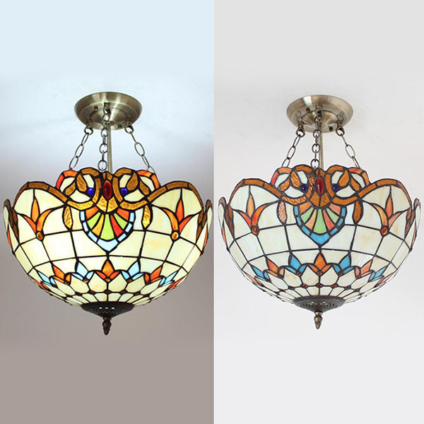 Victorian Bowl Ceiling Hanging Light Stained Glass Chandelier Lighting in Brass Finish Clearhalo 'Ceiling Lights' 'Chandeliers' 'Close To Ceiling Lights' 'Close to ceiling' 'Glass shade' 'Glass' 'Pendant Lights' 'Semi-flushmount' 'Tiffany close to ceiling' 'Tiffany' Lighting' 95268