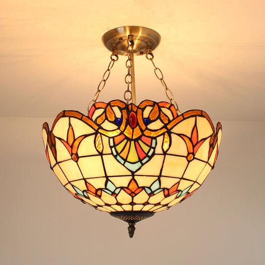 Victorian Bowl Ceiling Hanging Light Stained Glass Chandelier Lighting in Brass Finish Clearhalo 'Ceiling Lights' 'Chandeliers' 'Close To Ceiling Lights' 'Close to ceiling' 'Glass shade' 'Glass' 'Pendant Lights' 'Semi-flushmount' 'Tiffany close to ceiling' 'Tiffany' Lighting' 95269