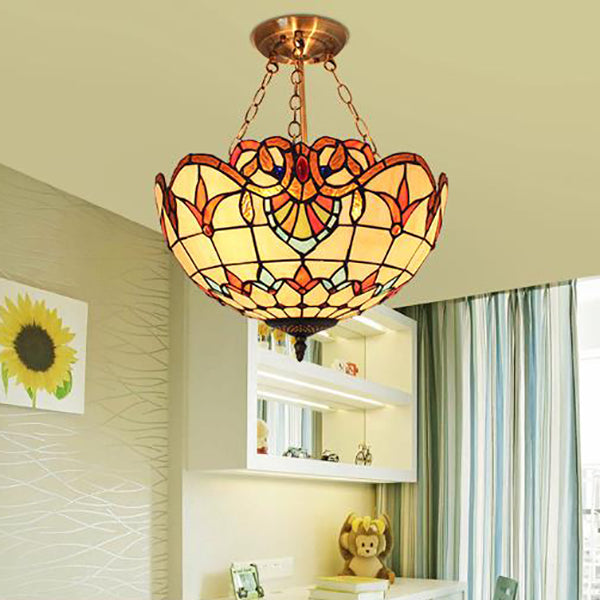 Victorian Bowl Ceiling Hanging Light Stained Glass Chandelier Lighting in Brass Finish Beige Clearhalo 'Ceiling Lights' 'Chandeliers' 'Close To Ceiling Lights' 'Close to ceiling' 'Glass shade' 'Glass' 'Pendant Lights' 'Semi-flushmount' 'Tiffany close to ceiling' 'Tiffany' Lighting' 95270