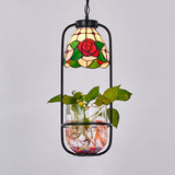 Rose Design Hanging Lamp 1 Light Stainless Glass Tiffany Style Red Ceiling Pendant Light with Plant Clearhalo 'Ceiling Lights' 'Industrial' 'Middle Century Pendants' 'Pendant Lights' 'Pendants' 'Tiffany close to ceiling' 'Tiffany Pendants' 'Tiffany' Lighting' 95413