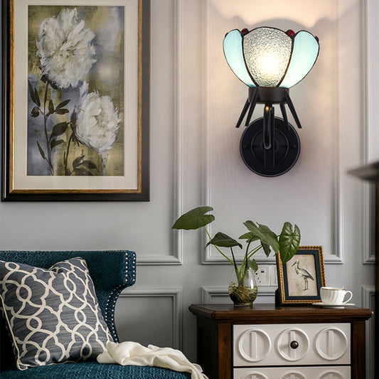 Petal Sconce Light Blue Glass 1 Light Tiffany Wall Mount Light in Black Finish for Bedroom Bedside Blue Clearhalo 'Industrial' 'Middle century wall lights' 'Tiffany wall lights' 'Tiffany' 'Wall Lamps & Sconces' 'Wall Lights' Lighting' 95420