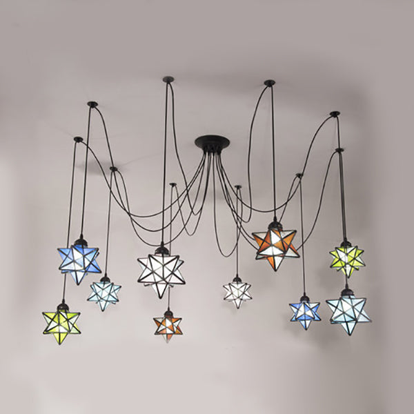 Swag Pendant Lighting with Star Shade Multi Light Stained Glass Hanging Ceiling Light in Black Black Clearhalo 'Ceiling Lights' 'Industrial' 'Middle Century Pendants' 'Pendant Lights' 'Pendants' 'Tiffany close to ceiling' 'Tiffany Pendants' 'Tiffany' Lighting' 95422