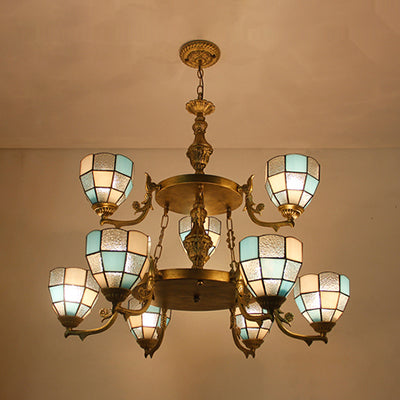 2 Tiers Bowl Hanging Chandelier with 10" Adjustable Chain 9 Lights Stained Glass Living Room Lighting Blue Clearhalo 'Ceiling Lights' 'Chandeliers' 'Industrial' 'Middle Century Chandeliers' 'Tiffany Chandeliers' 'Tiffany close to ceiling' 'Tiffany' Lighting' 95453