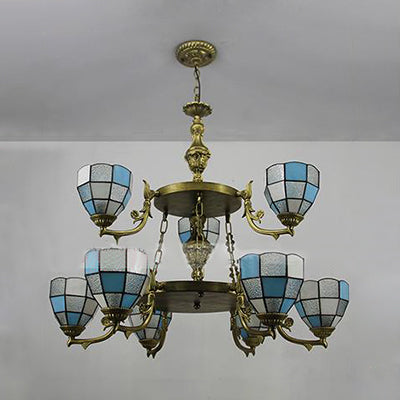 2 Tiers Bowl Hanging Chandelier with 10" Adjustable Chain 9 Lights Stained Glass Living Room Lighting Clearhalo 'Ceiling Lights' 'Chandeliers' 'Industrial' 'Middle Century Chandeliers' 'Tiffany Chandeliers' 'Tiffany close to ceiling' 'Tiffany' Lighting' 95454