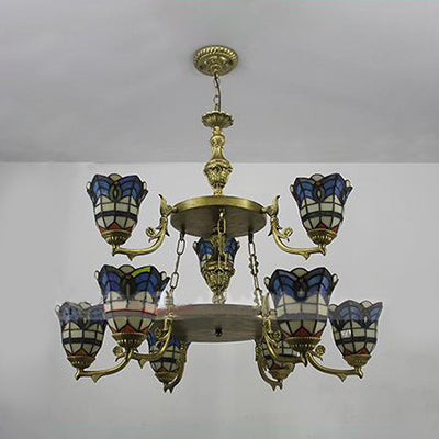 Baroque Bell Suspended Light with Adjustable Chain Stained Glass 2 Tiers Chandelier Lighting in Blue Clearhalo 'Ceiling Lights' 'Chandeliers' 'Industrial' 'Middle Century Chandeliers' 'Pendant Lights' 'Tiffany Chandeliers' 'Tiffany close to ceiling' 'Tiffany' Lighting' 95461