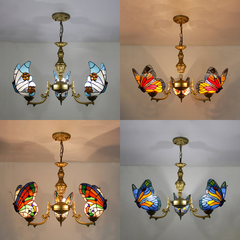 3 Lights Butterfly Hanging Light Loft Style Stained Glass Ceiling Chandelier with Chain in White/Red/Blue/Orange-Green Clearhalo 'Ceiling Lights' 'Chandeliers' 'Industrial' 'Middle Century Chandeliers' 'Tiffany Chandeliers' 'Tiffany close to ceiling' 'Tiffany' Lighting' 95463