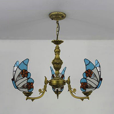 3 Lights Butterfly Hanging Light Loft Style Stained Glass Ceiling Chandelier with Chain in White/Red/Blue/Orange-Green Clearhalo 'Ceiling Lights' 'Chandeliers' 'Industrial' 'Middle Century Chandeliers' 'Tiffany Chandeliers' 'Tiffany close to ceiling' 'Tiffany' Lighting' 95465