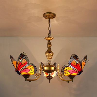 3 Lights Butterfly Hanging Light Loft Style Stained Glass Ceiling Chandelier with Chain in White/Red/Blue/Orange-Green Red Clearhalo 'Ceiling Lights' 'Chandeliers' 'Industrial' 'Middle Century Chandeliers' 'Tiffany Chandeliers' 'Tiffany close to ceiling' 'Tiffany' Lighting' 95466