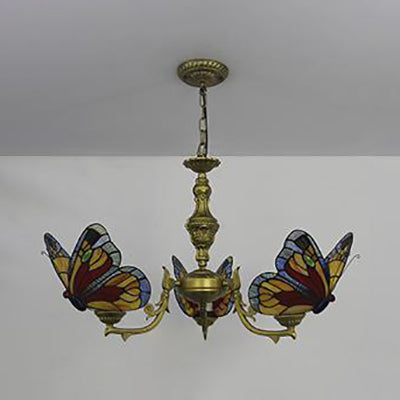 3 Lights Butterfly Hanging Light Loft Style Stained Glass Ceiling Chandelier with Chain in White/Red/Blue/Orange-Green Clearhalo 'Ceiling Lights' 'Chandeliers' 'Industrial' 'Middle Century Chandeliers' 'Tiffany Chandeliers' 'Tiffany close to ceiling' 'Tiffany' Lighting' 95467